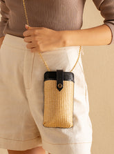 Mini Bag em Palha Tressê e Couro Preto